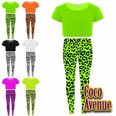 Kids Girls 2 Pcs Co-Ord Dance Plain Neon Crop Top Leopard Printed Leggings Set