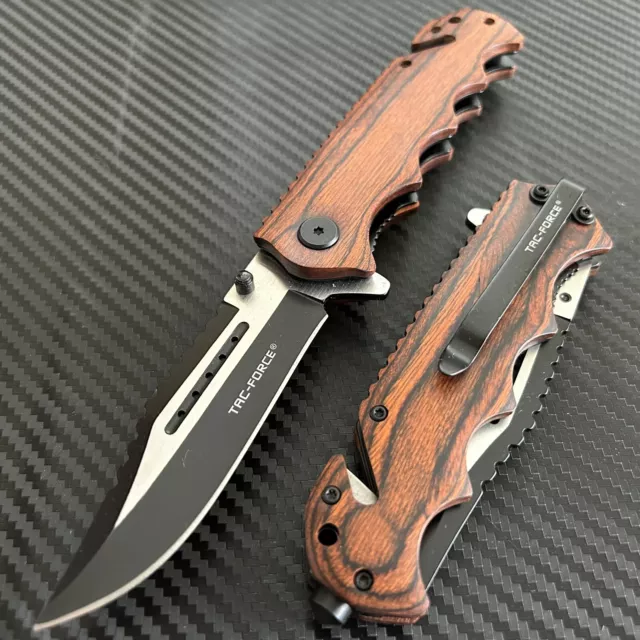 8.5” Wood Tactical Spring Assisted Open Black Blade Folding Pocket Knife Hunting