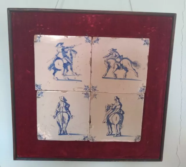 Four Antique Dutch Delft Tiles 17C blue and white men and women on horseback