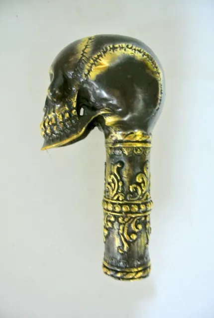 aged brass SKULL head hand made WALKING STICK END only 6" engraved B