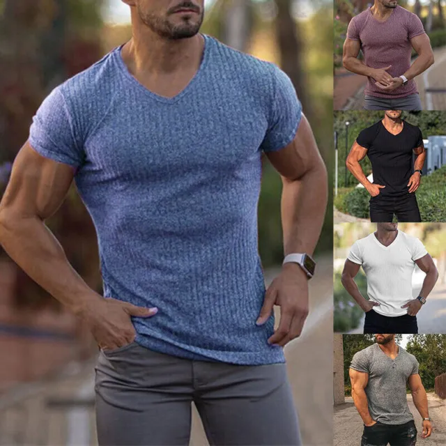 T-Shirt Herren V-Ausschnitt kurzärmlig männlich schmale Passform Stretch Sport Fitnessstudio Muskeln