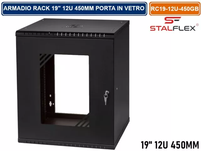 Armadio Rack 19" 12U 450Mm A Parete Nero Ral-9005 Sportello In Vetro Reversibile