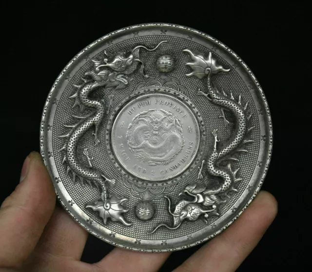 Old Chinese Dynasty Miao Silver Dragon Loong Plate Dish Circular tray Fruit Tray