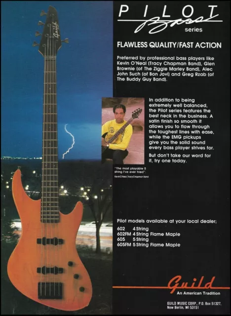 Kevin O'Neal 1990 Guild Pilot Bass 605 Series ad guitar advertisement print