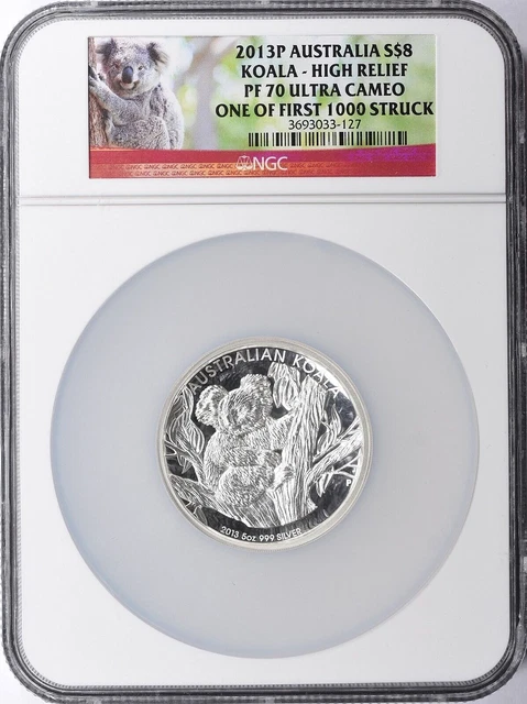 2013 ~ KOALA ~ 1st 1000 STRUCK ~ HIGH RELIEF ~ PF70 ~ 5 OZ. 999 SILVER ~ $398.88
