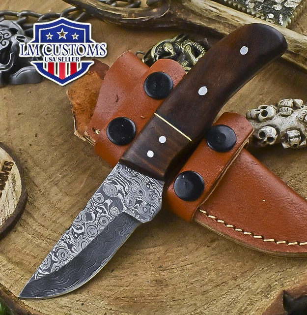 Hand Forged Skinner Knife Rain Drop Damascus Walnut Wood Wooden Bolster Fishing