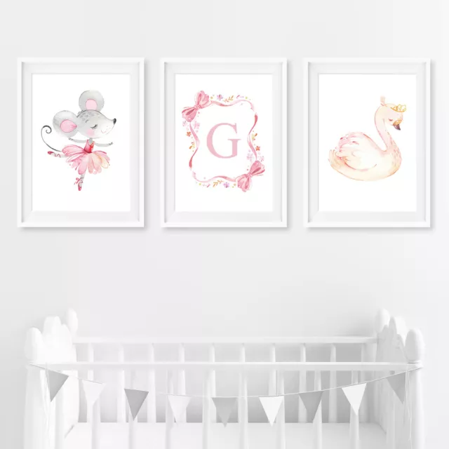 Pink Personalised Swan Princess Baby Nursery Posters Wall Art Prints Pictures
