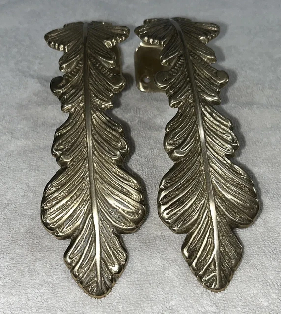 Set Of 2 Brass Shiny Leaf Curtain Tie Backs Unique Hooks Heavy Duty About 7”