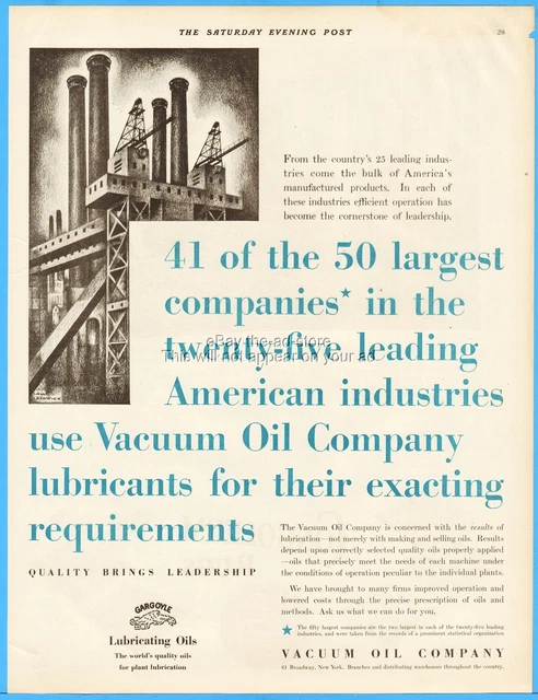 1929 Vacuum Oil Co Gargoyle Mobiloil American Industries Factory Lubrication Ad