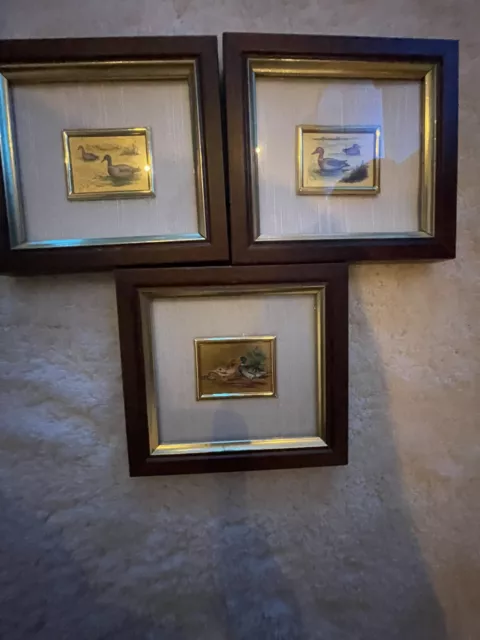 3 x Enten Miniatur Kunstlithografie auf echter Goldfolie 960 im Holzrahmen