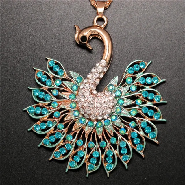 New Blue Rhinestone Bling Peacock Crystal Pendant Betsey Johnson Chain Necklace 2