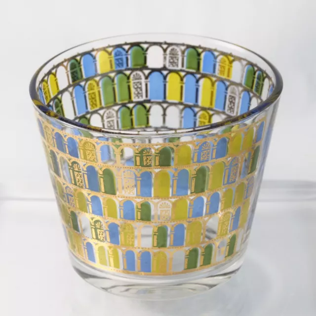 Vintage Culver Glass Ice Bucket in 22k Gold Cathedral Pattern Gold Blue 1970s