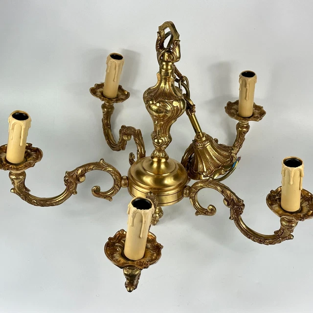 Vintage French Large Heavy 5 Arm Ornate Baroque Chandelier Light Stamped Bronze