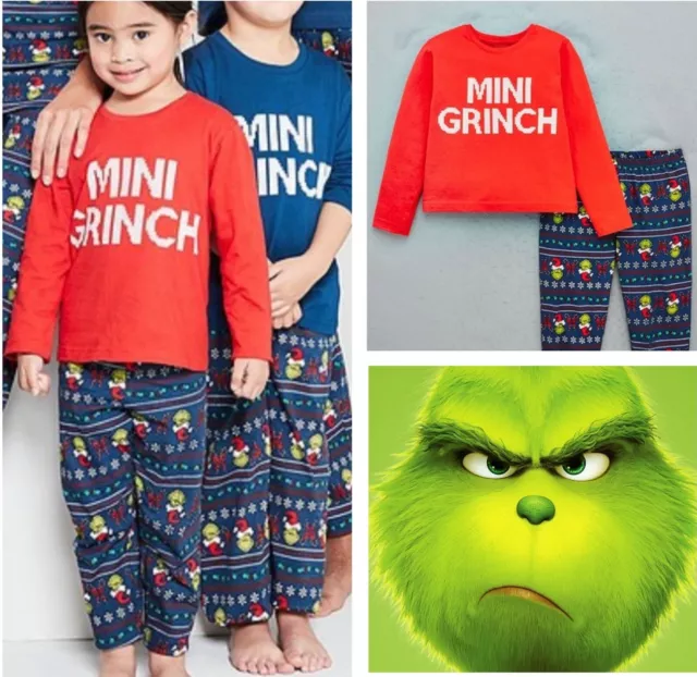 Pigiama Natale Ragazze Ragazzi GRINCH Festa Blu Rosso Natale Scatola Regalo Pjs NUOVO