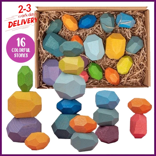 Montessori Spielzeug - 16 stk. Bunte Holzbausteine, Balancier Bauklötze
