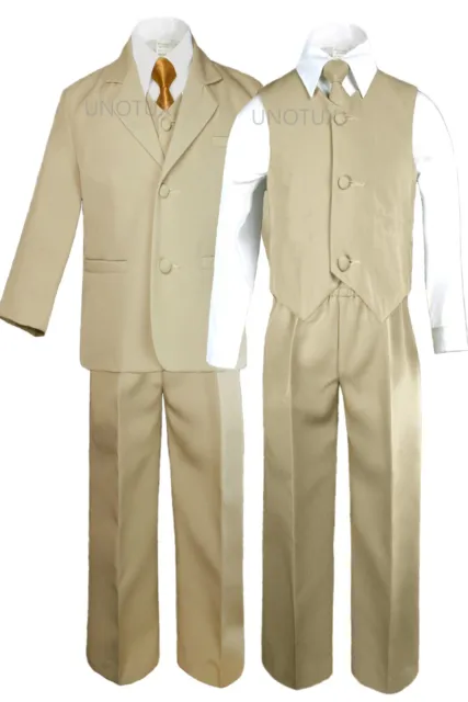 Boy Kid Teen Formal Wedding Party Khaki Stone Suit Tuxedo + Gold Tie Set sz 5-20