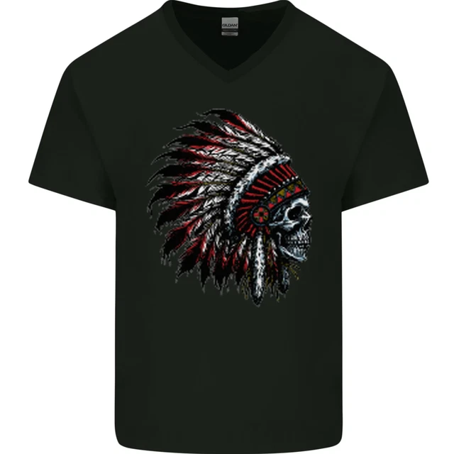 Indian Skull Headdress Biker Motorcycle Mens V-Neck Cotton T-Shirt