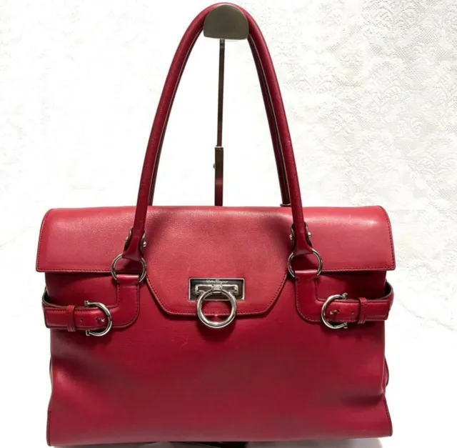 Vintage Salvatore Ferragamo Leather Handbag Gancini Red Made in Italy USED