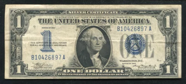Fr. 1606 1934 $1 One Dollar “Funnyback” Silver Certificate Very Fine