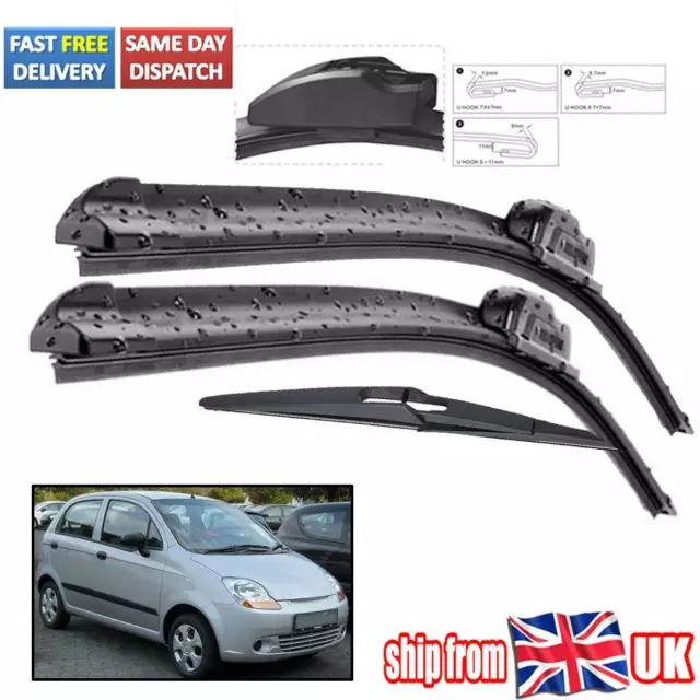 UK Front Rear Flat Wiper Blades Set For Chevrolet Matiz Hatchback MK2 05-11 3Pcs