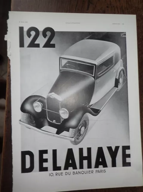 DELAHAYE 122 par René RAVO + LUSTUCRU par MAUZAN pub papier ILLUSTRATION 1933