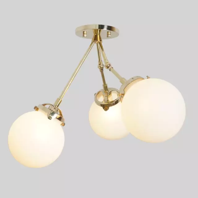 Mid Century Style Three Globe Light Brass Ceiling Flush Mount Sputnik Chandelier