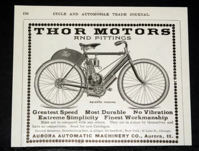 1903 Old Magazine Print Ad, Aurora, Thor Motorcycle, Greatest Speed & Durable!