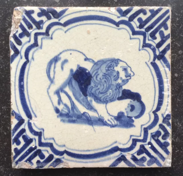 Antique Superb Dutch Delft Tile Lion + Human Head Wan-Li Circa 1625