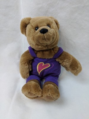 Hallmark Cards Plush Kiss Kiss Teddy Bear Purple Heart Overalls 10"