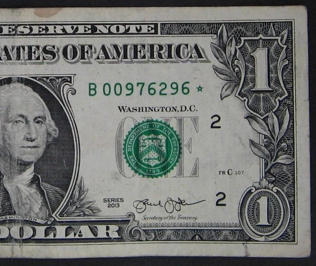 2013 $1 (One Dollar) – Star Note – Currency, Bill – “B”