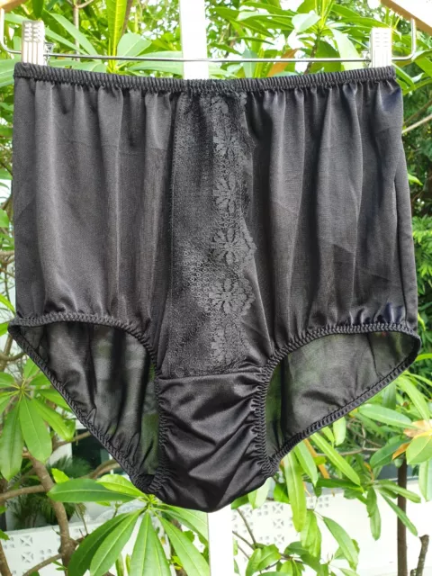 Vintage Sheer Black Panty Double Nylon Gusset Lace Brief Size 8/XL Hip 40-44"