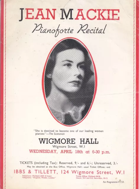 Concert Recital Programme 1945  Wigmore Hall Jean Mackie piano