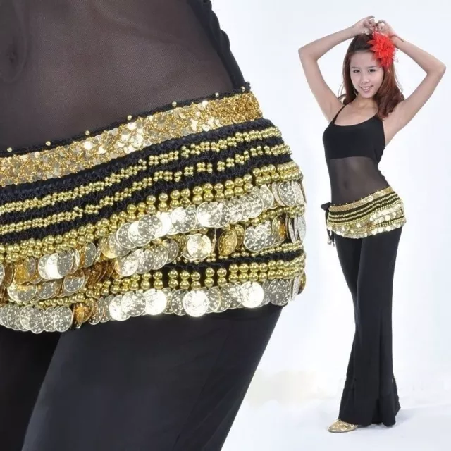AU Belly Dance Hip Scarf Skirt Wrap Costumes Gold Coins Velvet Belt Costume