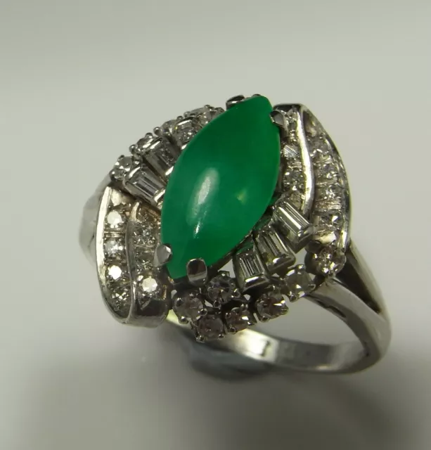 Art Deco Untreated Jadeite Jade Diamond Ring 18K Gold Green Cabochon 1920s 1930s