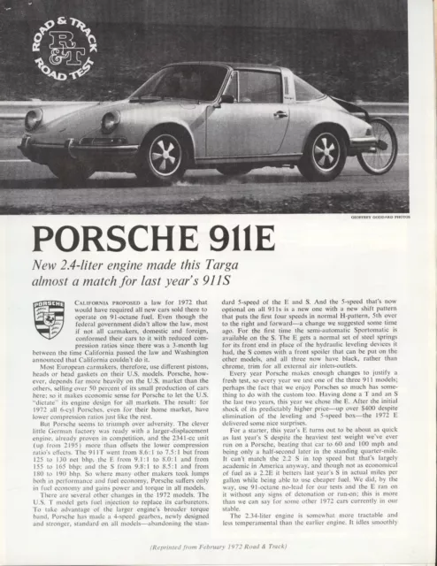 Road & Track Article Reprint from February 1972 -- Porsche 911E --