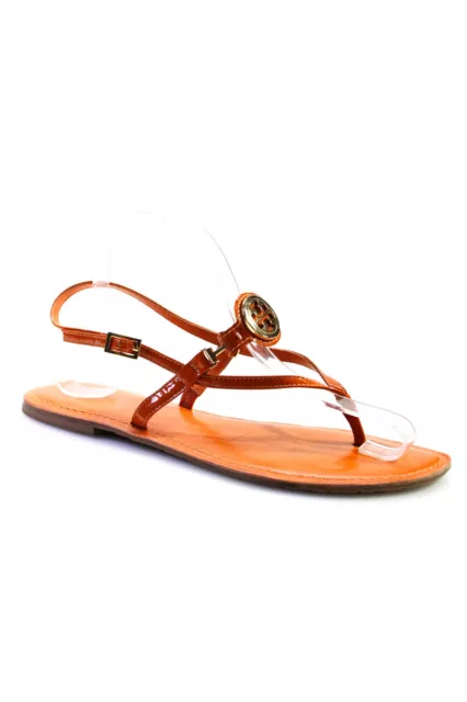 Tory Burch Womens Leather Gold Tone Medallion T-Strap Sandals Orange Size 10M