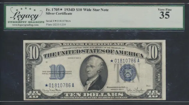 Fr.1705w* 1934D $10 SILVER CERTIFICATE **STAR** LEGACY 35  VF RARE COLLECTIBLE