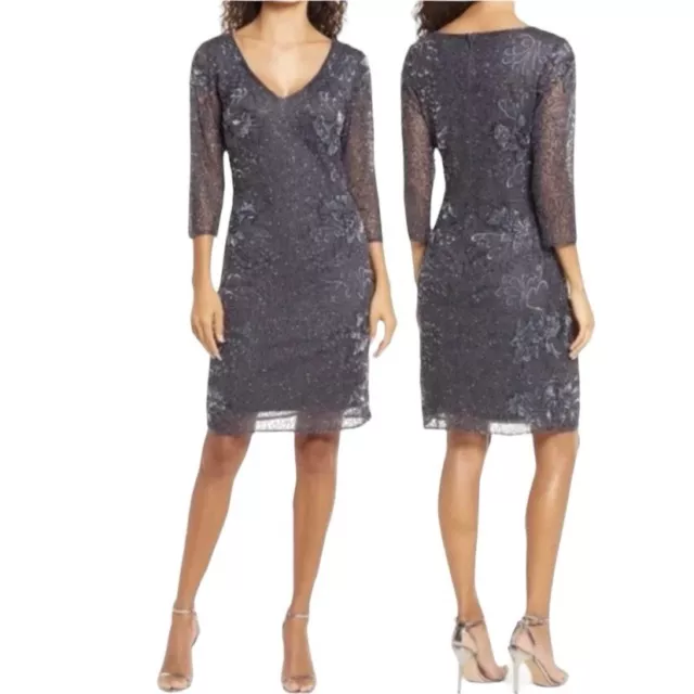 Pisarro Nights Womens Size 6 Beaded Midi Cocktail Dress Mesh Sequins Gray NWOT