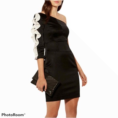 KAREN MILLEN One Sleeve Black Satin Ruffle Mini Dress NWT Women's Sz 4