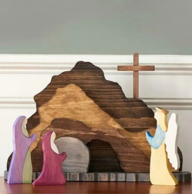 Easter Scene Wooden Decoration Set, Easter Creche Empty Tomb Resurrection Scene