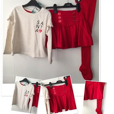 Next girls red cordrouy skirt exc u& New TU Santa top & M&S Tights 4-5 Years
