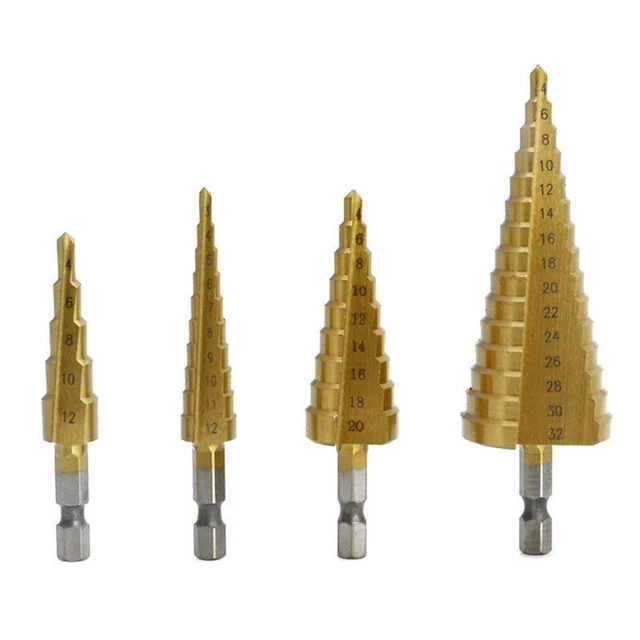 Pas Perceuse Embout Pas Titane Or 3-12/4-12/20/32mm 4Pcs Cone et Fiable