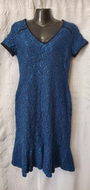 Kensie Womens Lace Midi Dress Blue Black trim V Neck Size 10 Poseidon