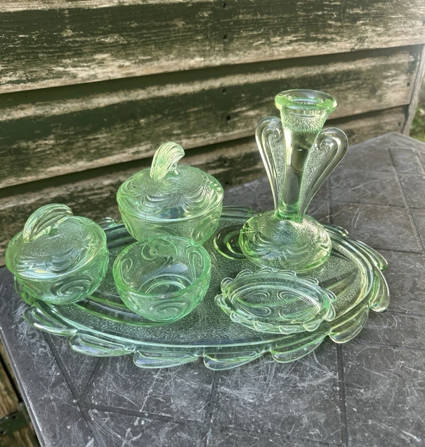 art deco green glass dressing table set Vibrant green art deco uranium glass dresser set