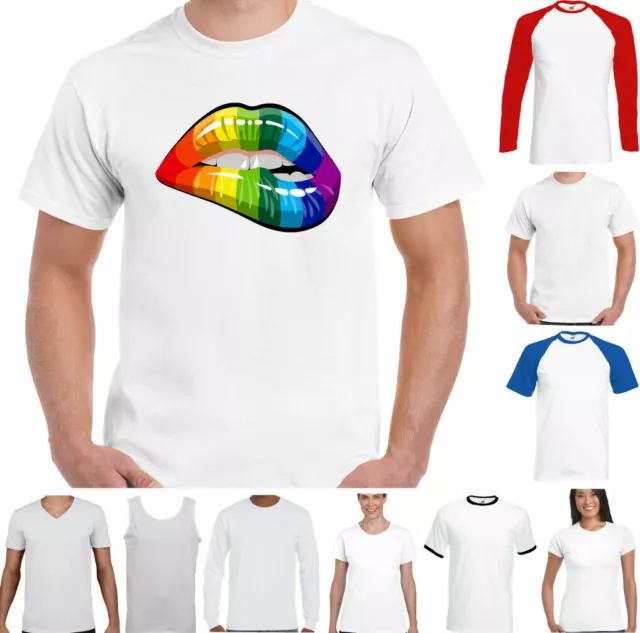 LGBT T-SHIRT Mens Lips Gay Pride Rainbow Colours Tee Top Outfit Lesbian Clothing