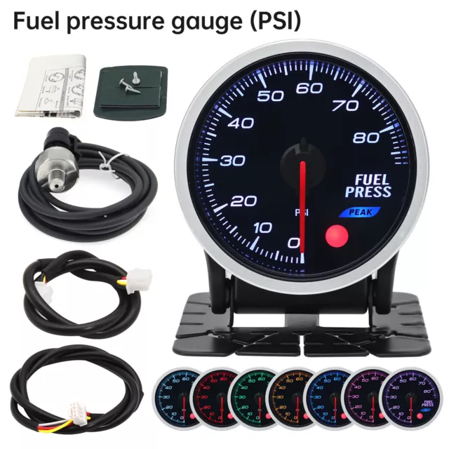 2" 52MM Smoke Lens 0-80PSI Fuel Press Gauge Fuel Pressure Meter with Sensor