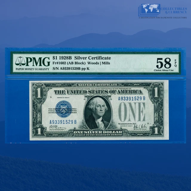 Fr.1602 1928B $1 Silver Certificate Blue Seal, "FUNNYBACK", PMG 58 EPQ #91529
