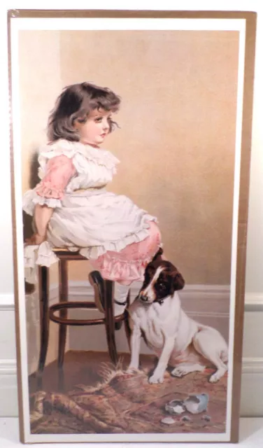 Victorian Lithograph Print Picture "Faithful Friend" Girl And Puppy Dog 12X23.5