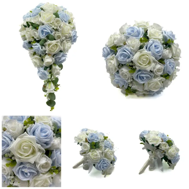 Bouquet in seta fiori matrimonio artificiali bambino blu e avorio decorazione tavola posy