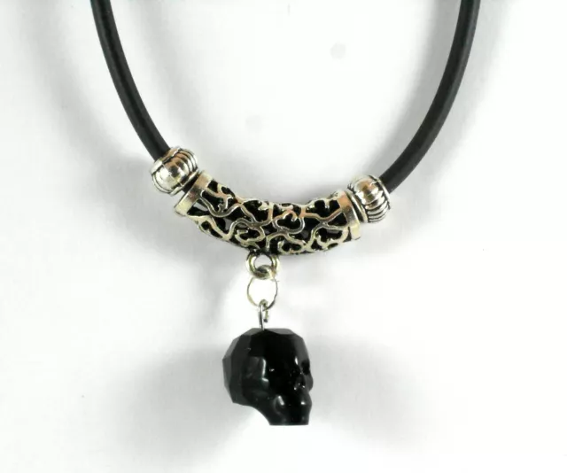 Silver BDSM Rubber Black Swarovski Crystal Skull Day Collar Necklace 14"+2" Goth